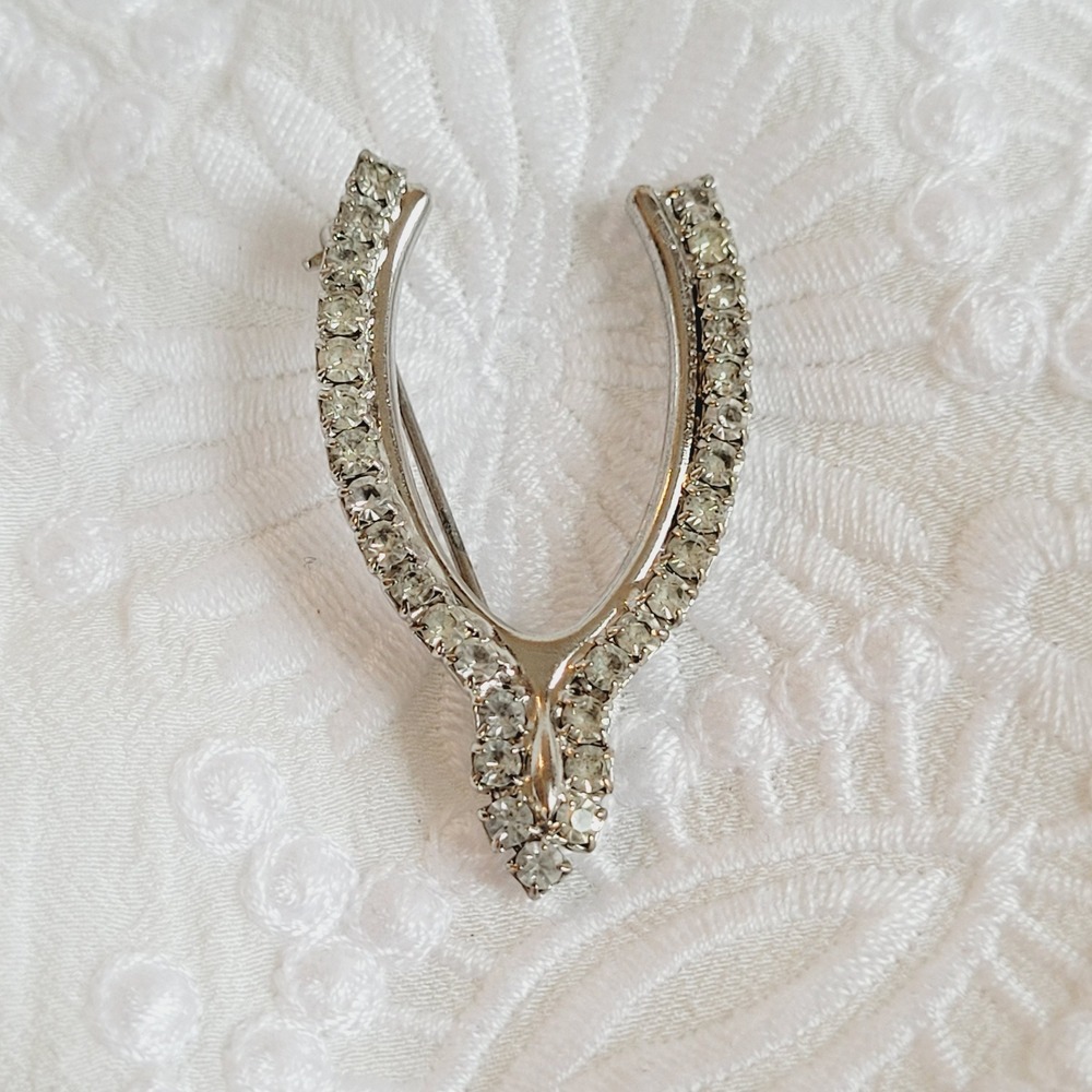 Vintage Wishbone Brooch Rhinestone Silver Tone Art Deco Good Luck Regency 20447